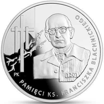 Srebrna moneta kolekcjonerska Pamięci ks. Franciszka Blachnickiego NBP 2025 rewers